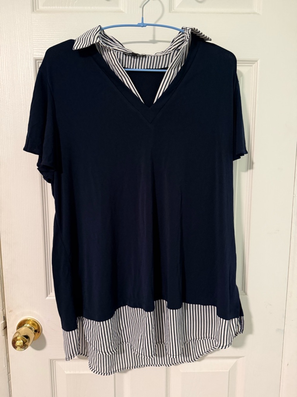 Adrianna Papell Blouse Blue layered with Striped Hem Preppy Designer,Nautical 1X
